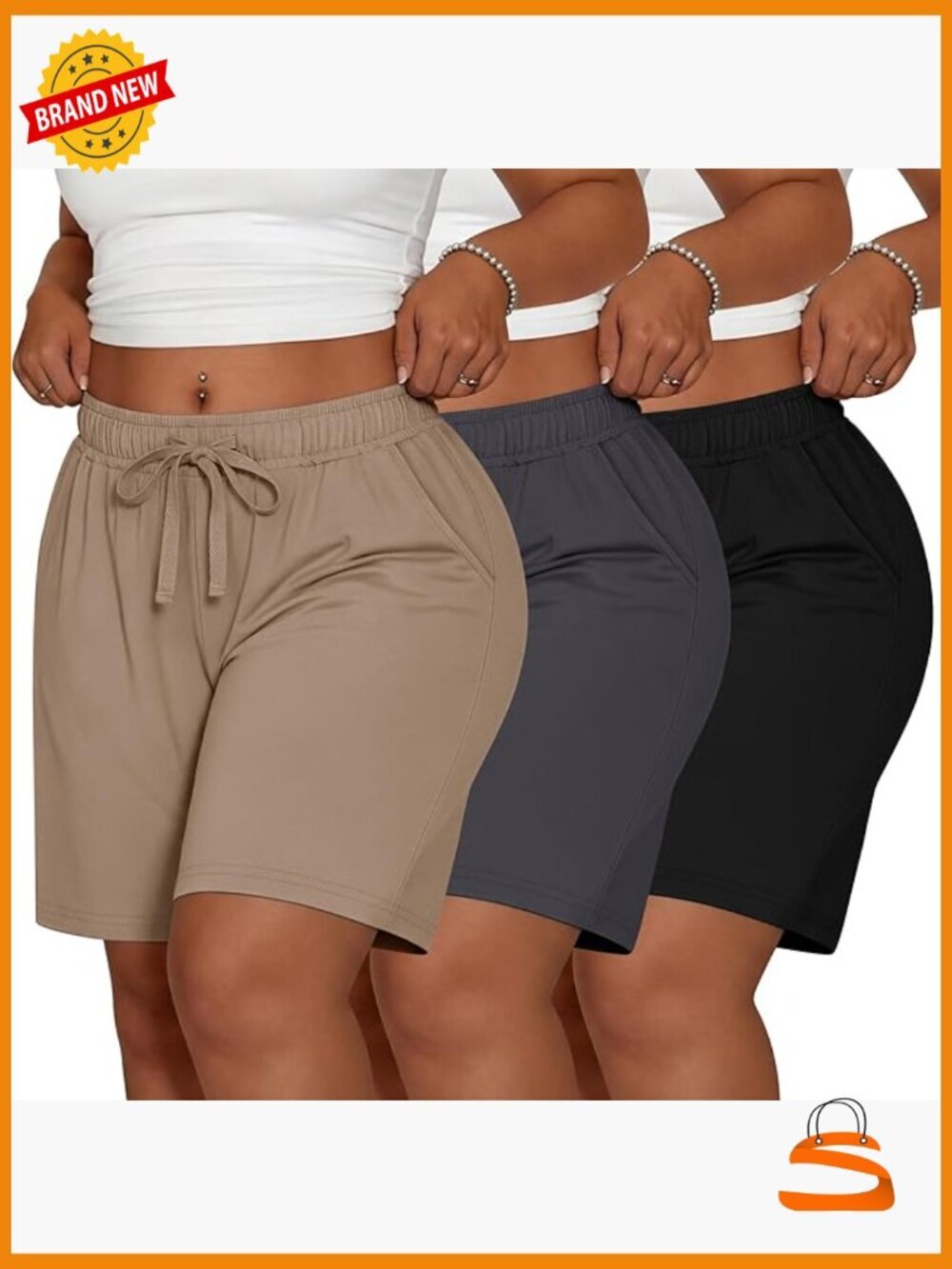 Plus Size Cotton Bermuda Shorts 3 Pack Knee Length with Pockets